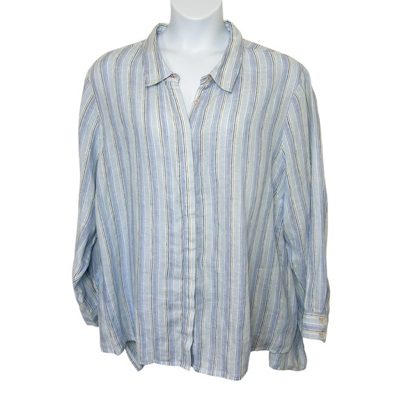 Soft Surroundings blue striped long sleeve button up linen shirt size 3X coastal - Picture 2 of 10